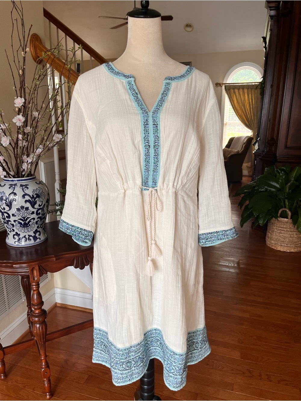 J. Jill Cream Gauze Midi Dress with Blue Embroidery Trim